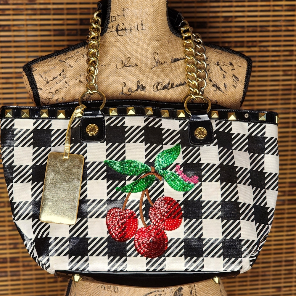 Betsey Johnson Black and White Checkered Tote with Cherry Design